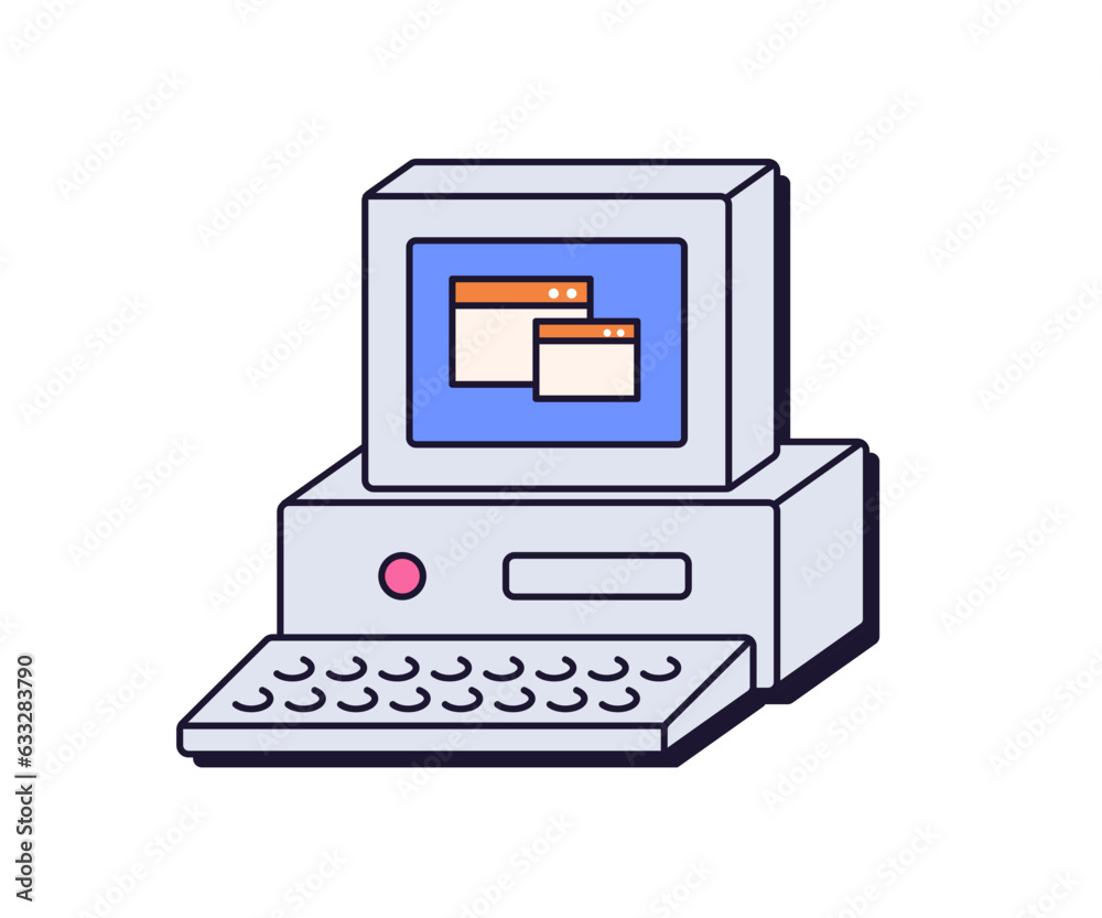 Aufkleber Old retro desktop PC. 1990s personal computer. 90s technology, electronic machine with monitor and keyboard, nostalgia tech icon. Flat graphic vector illustration isolated on white background
