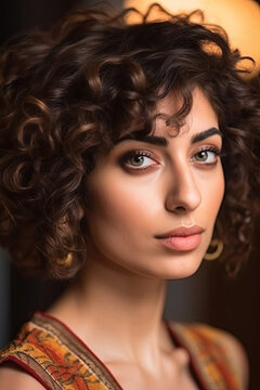 Close-up portrait of a Middle Eastern woman with short, curly hair, wearing bold, geometric eyeshadow and nude lipstick, looking off-camera with a soft smile.