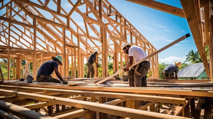Workers assembling a wooden frame for a fresh residential development, combining traditional craftsmanship with modern techniques. Generated by AI.