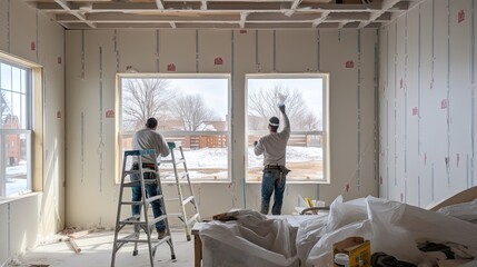 Builders focused on installing drywall and finishing interior walls, combining craftsmanship and precision to create a harmonious and well-textured backdrop for comfortable living. Generated by AI.