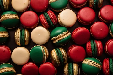 Poster Christmas macarons pattern in traditional holiday colors, red, green and gold © World of AI