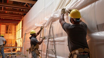 Builders skillfully installing soundproofing materials in a theater, crafting a space where immersive performances and events can unfold without interference. Generated by AI.