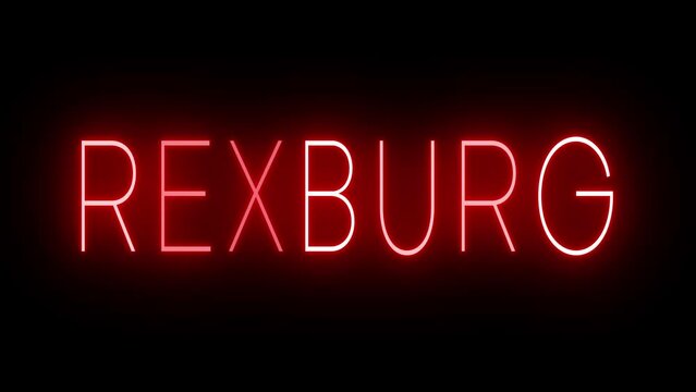 Red flickering and blinking animated neon sign for the city of Rexburg