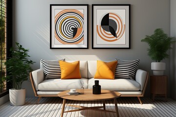 Mid-century style interior design of home with modern retro art on the wall