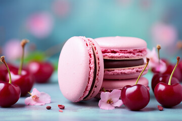 Pink cherry French macaron pastries with fruits.