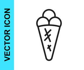 Black line Ice cream in waffle cone icon isolated on white background. Sweet symbol. Vector