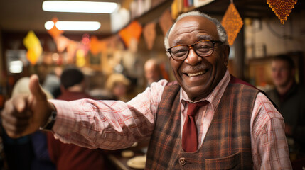 An elderly participant in a sweater vest stands in a lively neighborhood bingo hall, surrounded by friendly community members and colorful bingo cards.