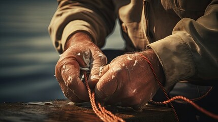 Close-up view of a fisherman's hands intricately tying a fishing knot. The hands' deft manipulation of the line highlights the angler's attention to detail. Generated by AI.