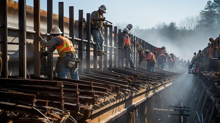 Crew expertly pours and carefully levels a concrete sidewalk, each stroke of the trowel contributing to the creation of a seamless and well-constructed pedestrian pathway. Generated by AI