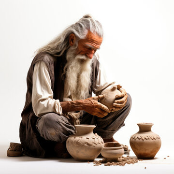 A Cypriot potter showcasing ceramic pottery in a studio.