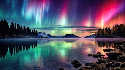 Dazzling and colorful aurora borealis as it comes to life, its vibrant colors swirling and twirling in a mesmerizing dance across the heavens. Generated by AI.