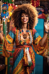 A tall African American woman with a stylish afro showcases intricate henna designs while wearing a brightly patterned caftan, chunky wooden jewelry, and strappy sandals.
