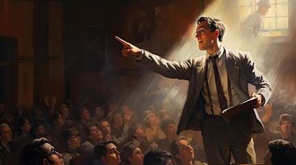 Enthusiastic lecturer as they command the stage in a packed lecture hall, their dynamic delivery and interactive teaching style inspiring. Generated by AI.