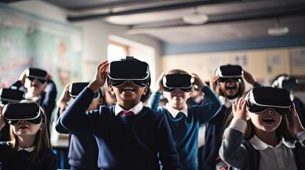 Elementary school students as they embark on an exciting journey, exploring the world and beyond through virtual reality technology. Generated by AI.