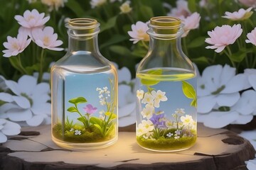 Translucent glass bottle holds a delicate assortment of small flowers. The flowers should appear to be suspended in a clear liquid, radiating a soft, natural glow
