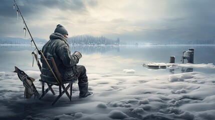 Fisherman as he patiently waits for a bite while ice fishing, his breath visible in the crisp air...
