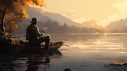 Fisherman patiently waiting for a bite, sitting on a comfortable camp chair along the river's edge. Generated by AI.