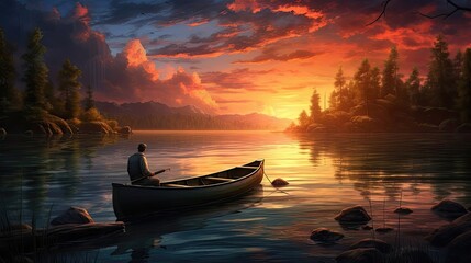 Fisherman patiently waiting on a dock, enveloped by the vibrant hues of a picturesque sunset. The sun's descent casts a serene glow on the water. Generated by AI.