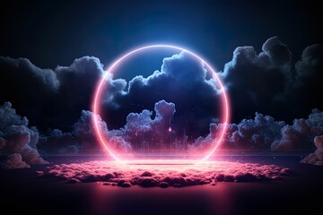 Fototapeta premium Background illustration of abstract clouds in dark night sky illuminated with neon rings, 3d rendering background illustration of pink clouds in night sky, favorite background illustration for women, 