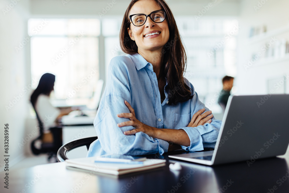 Poster female web developer sitting with a laptop in an office