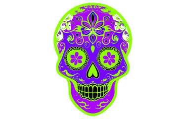 purple and green sugar skull 4 no background, generative AI