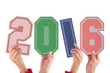 Digital png illustration of hands with 2016 text on transparent background