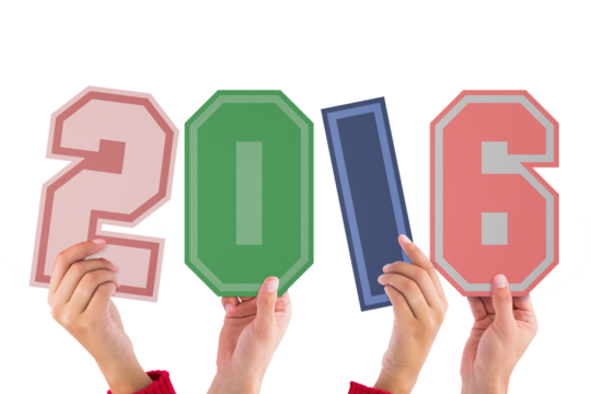 Digital png illustration of hands with 2016 text on transparent background