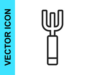 Black line Garden pitchfork icon isolated on white background. Garden fork sign. Tool for horticulture, agriculture, farming. Vector