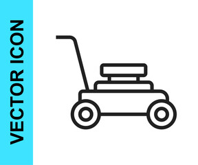 Black line Lawn mower icon isolated on white background. Lawn mower cutting grass. Vector