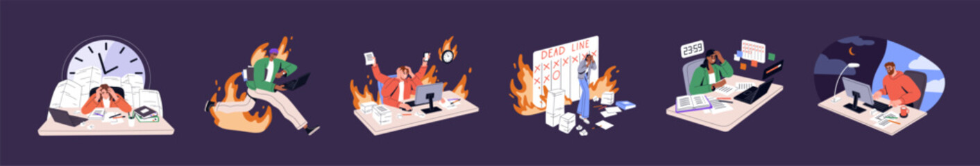 Deadline and overwork concept set. People lose time, work in fire and stress, hurry, tired in office, bad management, project fail and problems in planning. Flat isolated vector illustration on white - obrazy, fototapety, plakaty