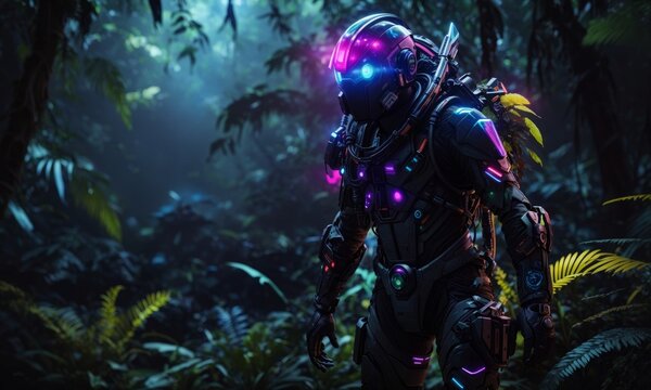 A futuristic robot walking through a dark enchanted fantasy jungle forest - Powered by Adobe