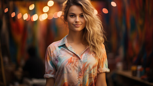 An artist in a paint-splattered smock stands proudly at a vibrant local art market, surrounded by artwork and art supplies, creating a creative haze.