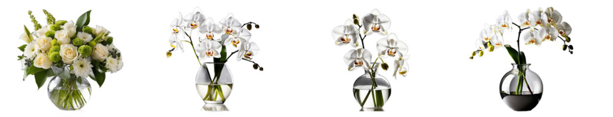 Colección de plantas expuestas en macetas con fondo transparente. Imágenes de Orquídeas blancas en un jarrón. Ilustración creada con herramientas generativas de IA. 