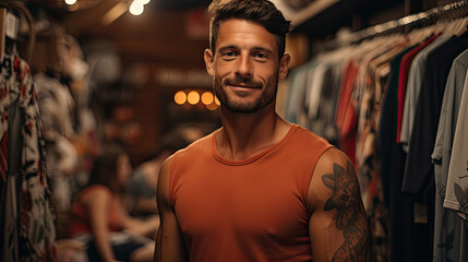Fototapeta premium A casual surfer stands amidst surfboards and beachwear in a summer haze.