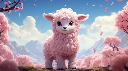 Pink anime cartoon style animal sheep wallpaper background generative ai