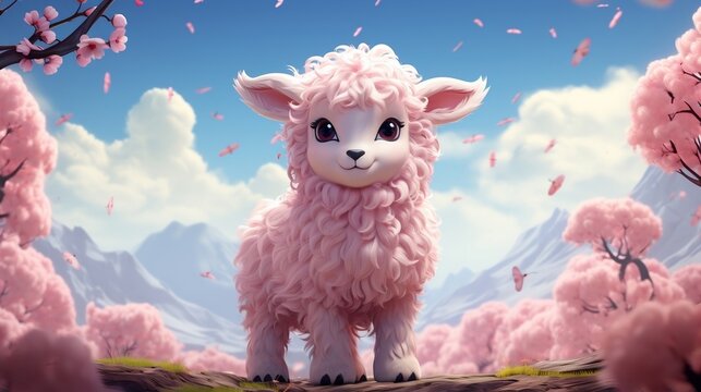 Pink Anime Cartoon Style Animal Sheep Wallpaper Background Generative Ai