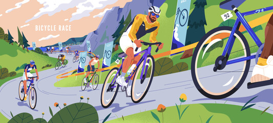 Obraz premium Bicycle race, Tour de France. Cyclists cycling on road bikes. People racers riding at fast speed at sport competition rally. Many bicyclists driving on highway track outdoors. Flat vector illustration