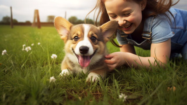 little girl playing with a corgi puppy on the lawn, generative ai