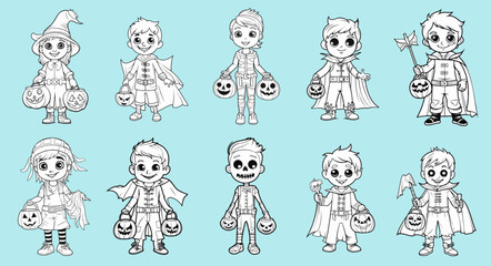 Halloween trick or treat coloring page elements