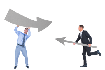 Digital png photo of two caucasian businessmen holding arrows on transparent background
