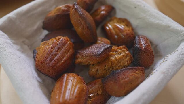 Close-up of many madeleines, Traditional French cuisine dessert