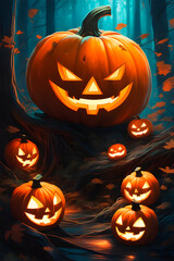 Obraz premium scary halloween pumpkin jack in the forest