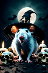  white rat in a witch's hat against the background of skulls, moon, pumpkins and candles