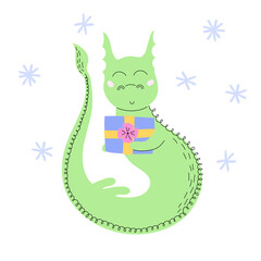 Green dragon symbol of 2024 with christmas gift. Holiday postcard. Chinese New Year