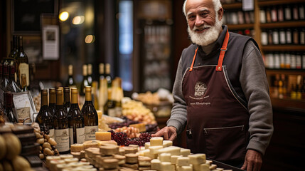 A wine enthusiast in fashionable attire poses in a wine and cheese store, surrounded by a selection of fine wines and cheeses.