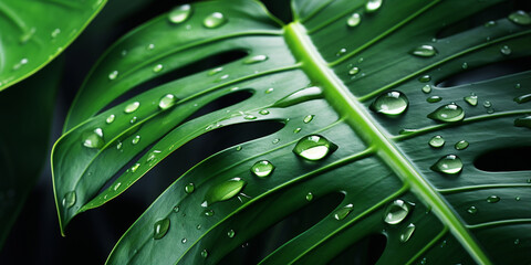 Closeup of tropical Monstera plant leaf with water drops. Generative AI