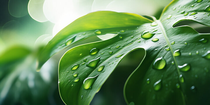 Closeup of tropical Monstera plant leaf with water drops. Generative AI