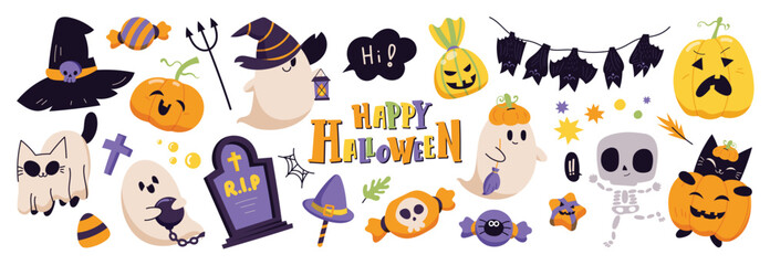 Naklejka premium Happy Halloween day element background vector. Cute collection of spooky ghost, pumpkin, bat, candy, moon, skull, spider, cat, worm. Adorable halloween festival elements for decoration, prints.