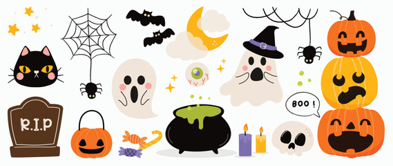 Happy Halloween day element background vector. Cute collection of spooky ghost, pumpkin, bat, candy, cat, skull, grave, cauldron, candle. Adorable halloween festival elements for decoration, prints.