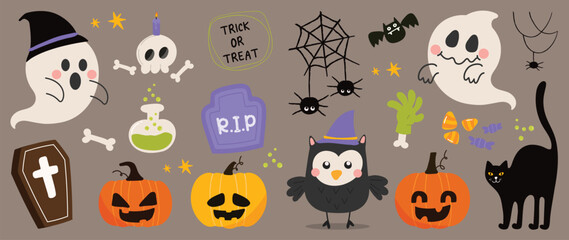 Happy Halloween day element background vector. Cute collection of spooky ghost, pumpkin, bat, candy, cat, coffin, grave, owl, lollipop. Adorable halloween festival elements for decoration, prints.